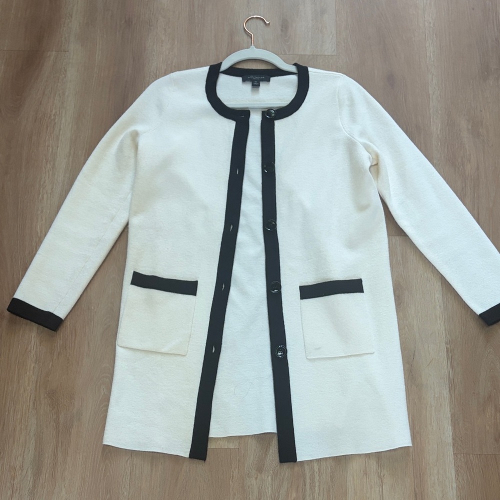 Ann Taylor Cream Longline Coatigan with Black Trim XSP